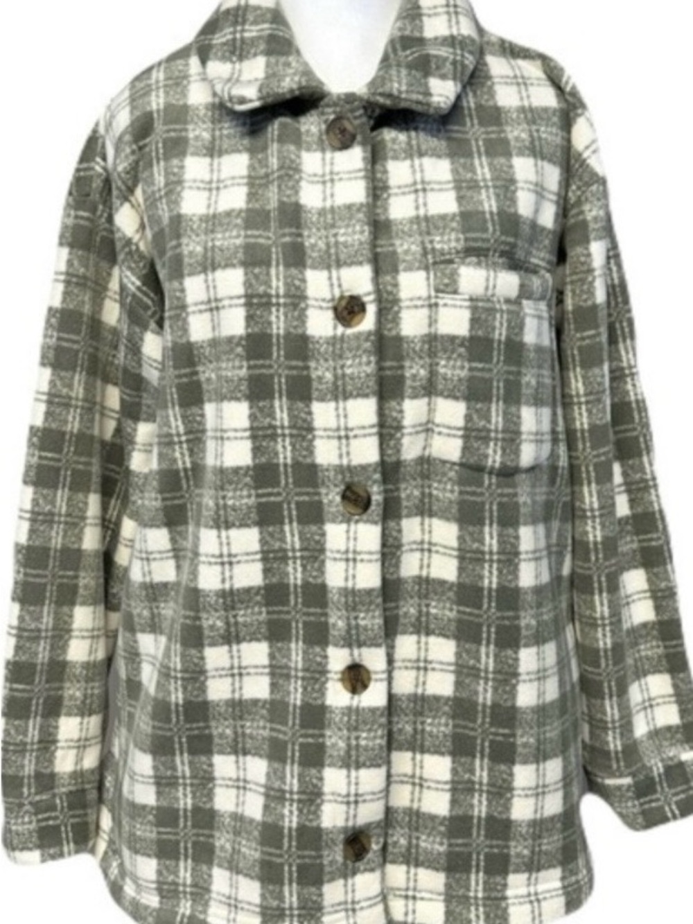 Cuddl Duds Women’s Cozy Olive Green & Cream Plaid Button-Up Shacket